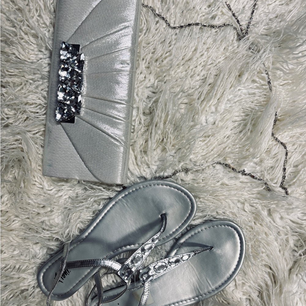 Aldo Metallic Fiona Silver Sandals and clutch